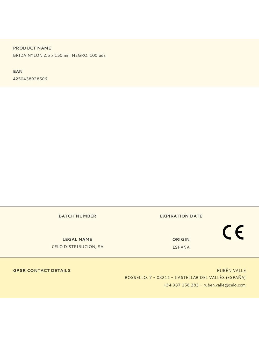 Brida nylon 2,5 x 150 mm negra, 100 uds