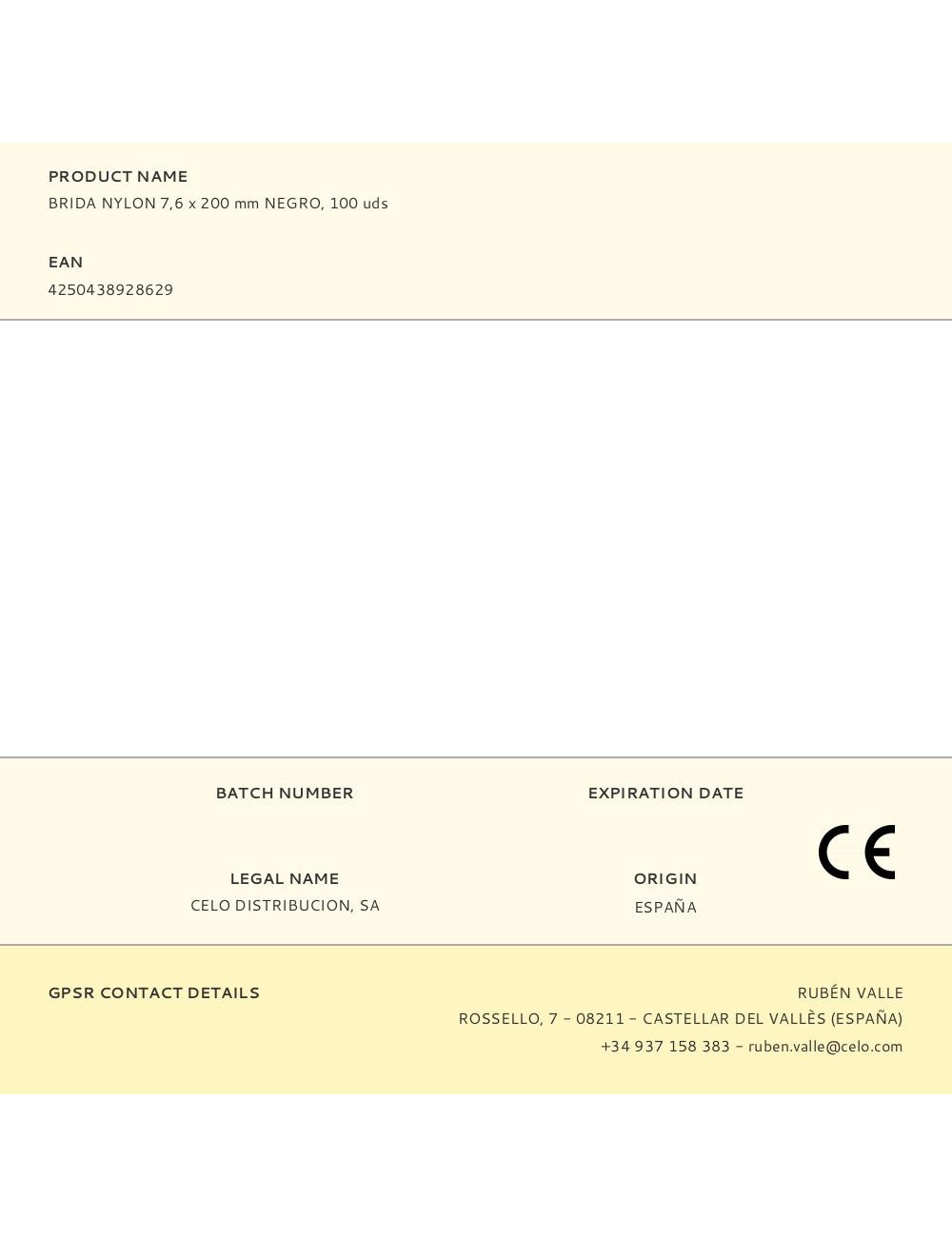 Brida nylon 7,6 x 200 mm negra, 100 uds