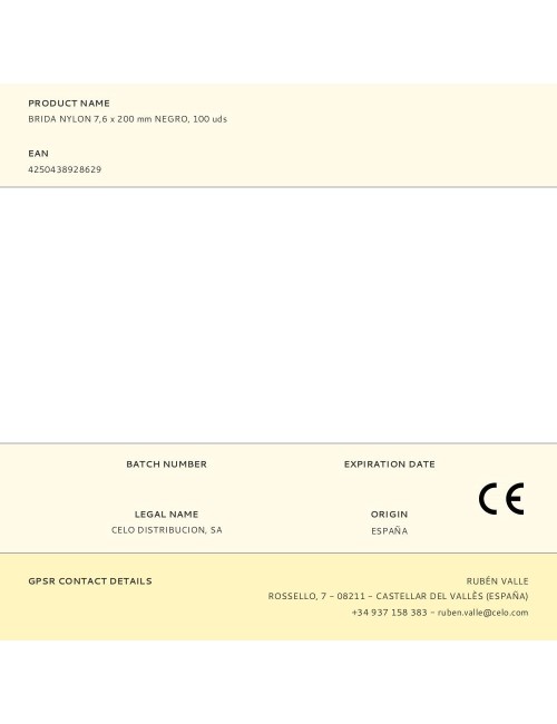 Brida nylon 7,6 x 200 mm negra, 100 uds