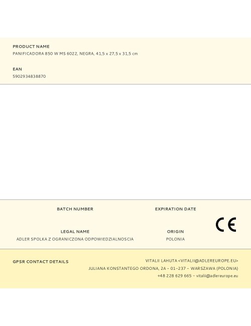 Panificadora ms 6022, 850 w