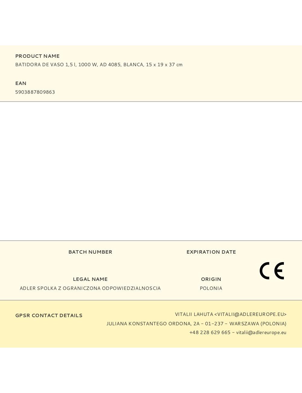 Batidora de vaso ad 4085, 1000 w, 1,5 l