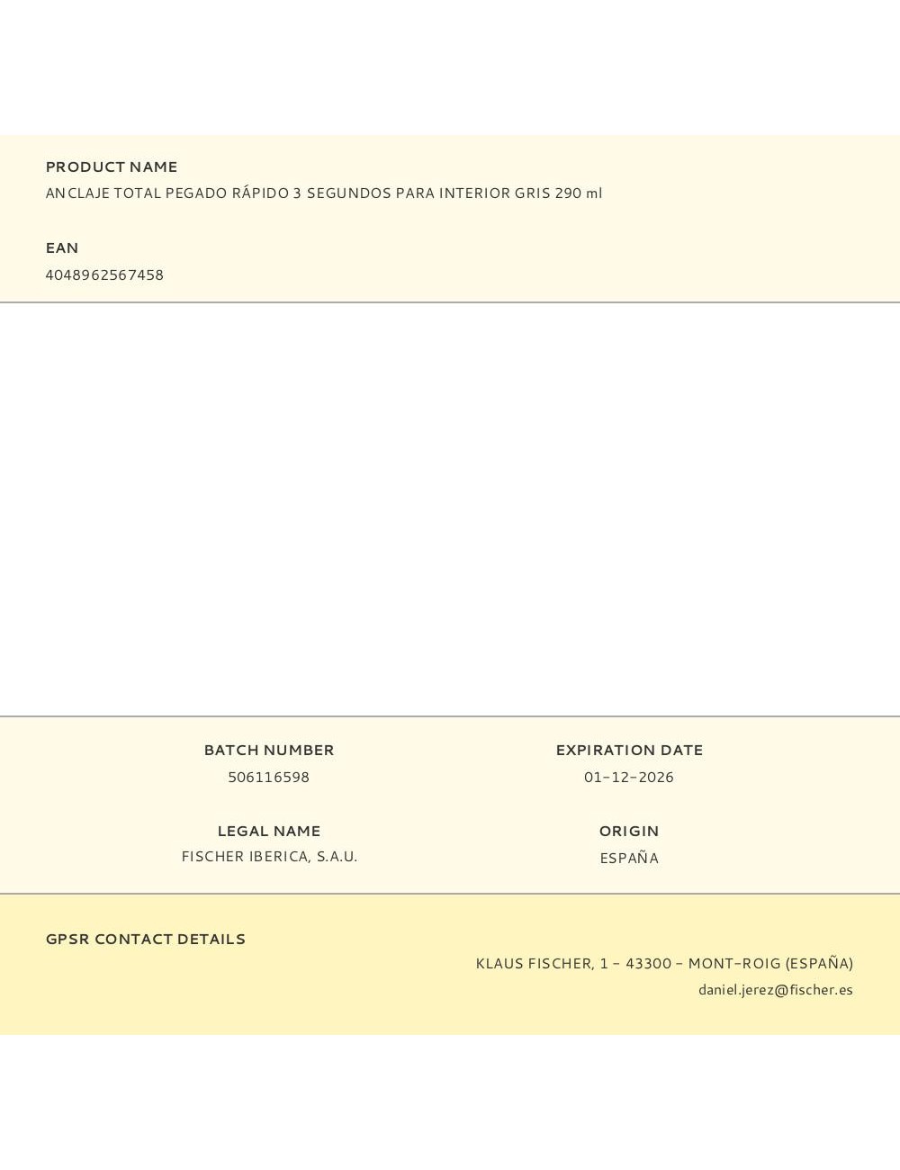 Anclaje total pegado rápido 3 segundos para interior/exterior, gris, 290 ml