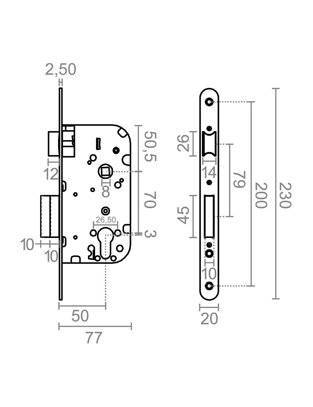 Cerradura embutir c/r cre05 50/70 mm latonado