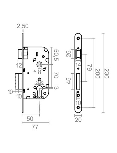 Cerradura embutir c/r cre05 50/70 mm níquel satinado