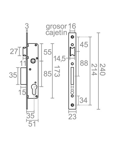 Cerradura embutir c/c cre08 35/85 mm inox