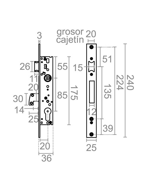 Cerradura embutir c/c cre10 20/85 mm inox