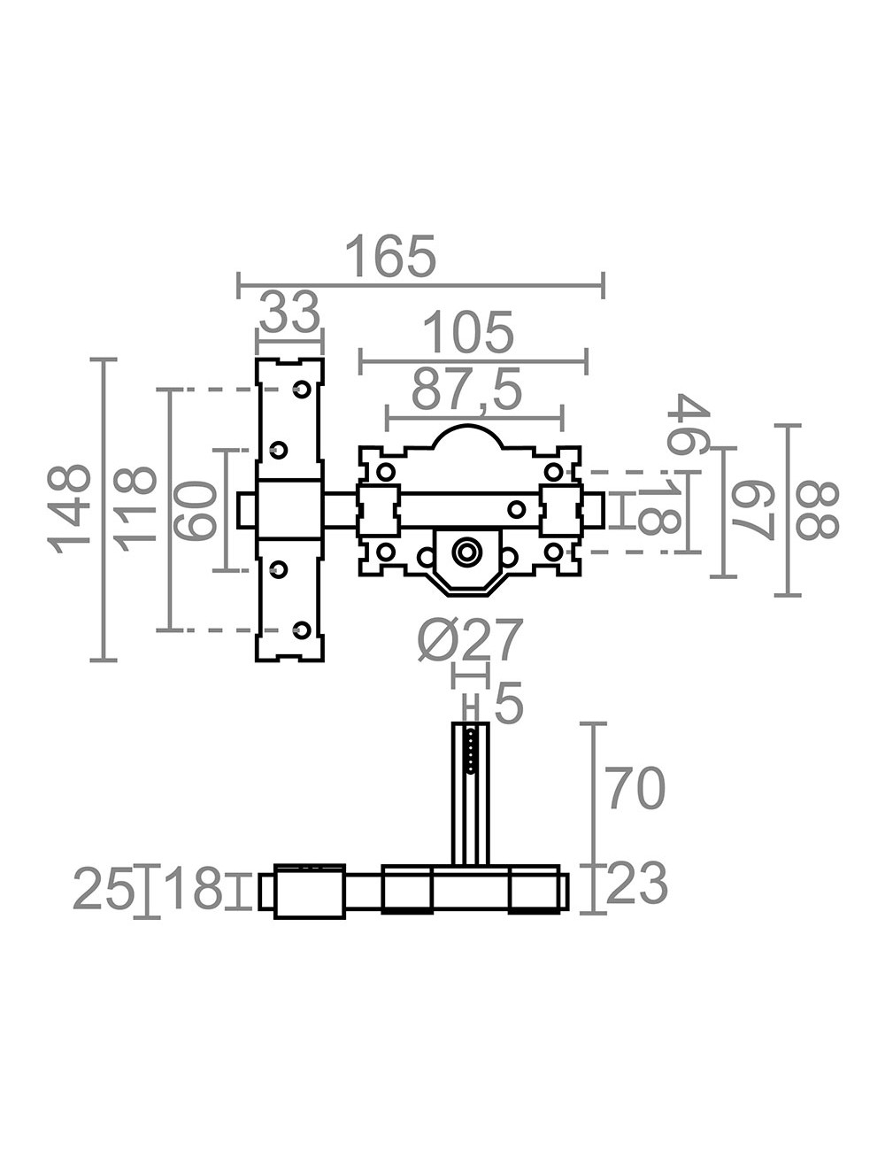 Cerrojo sobreponer crr06 105b/70 mm pintado gris