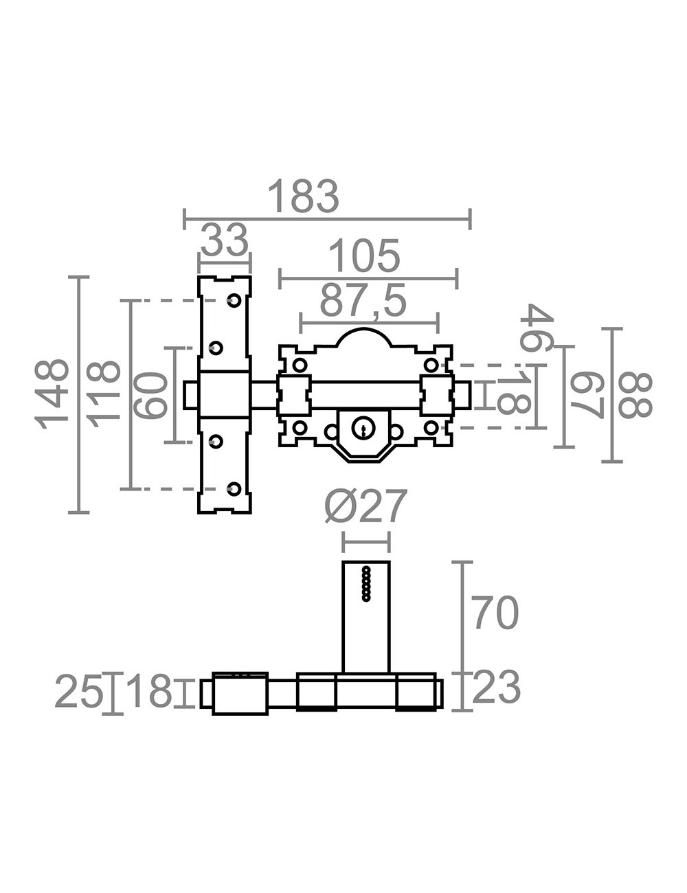 Cerrojo sobreponer crr07 105l/70 mm pintado gris