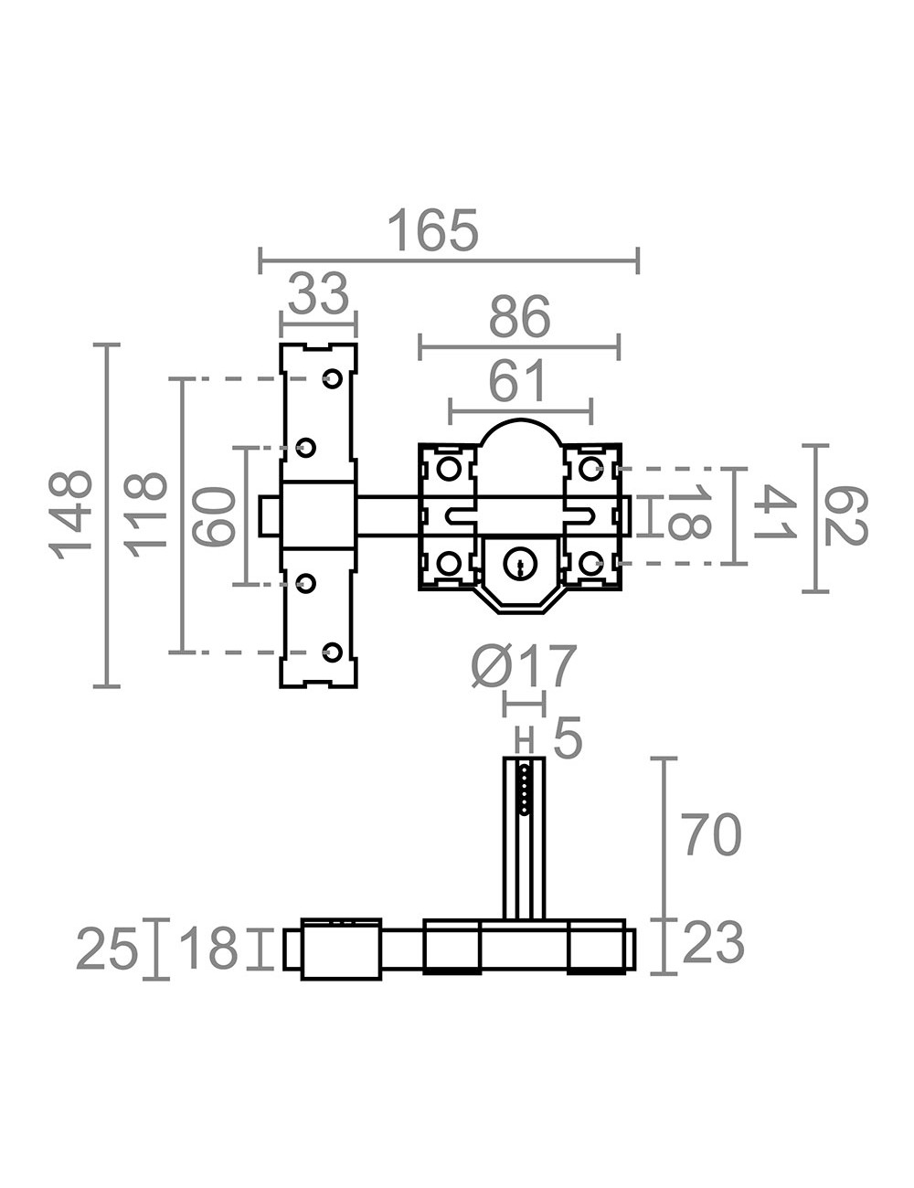 Cerrojo sobreponer crr09 86l/70 mm pintado gris