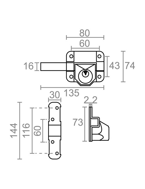 Cerrojo sobreponer crr14 86l/50 mm pintado gris