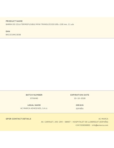 Barra de cola termofusible mini translúcido ø8 x 100 mm, 11 uds