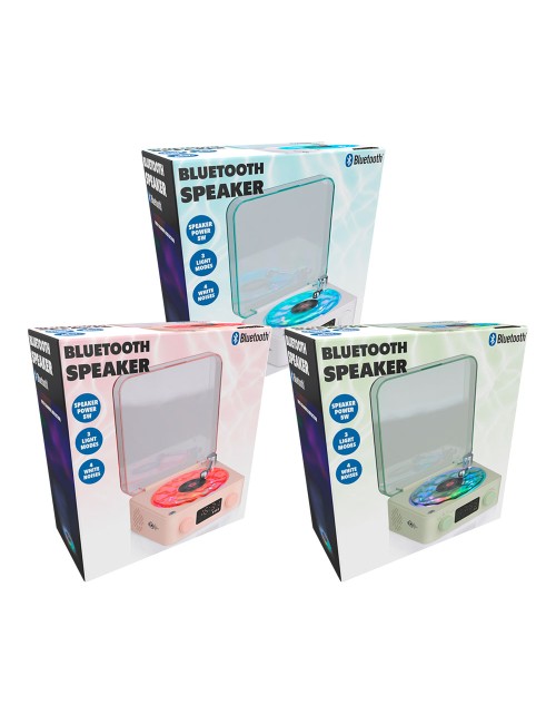 Altavoz bluetooth en forma de tocadiscos, con reloj, ruido blanco y luz rgb, colores surtidos