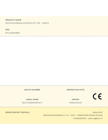 Estufa/chimenea eléctrica ptc 800 - 1500 w