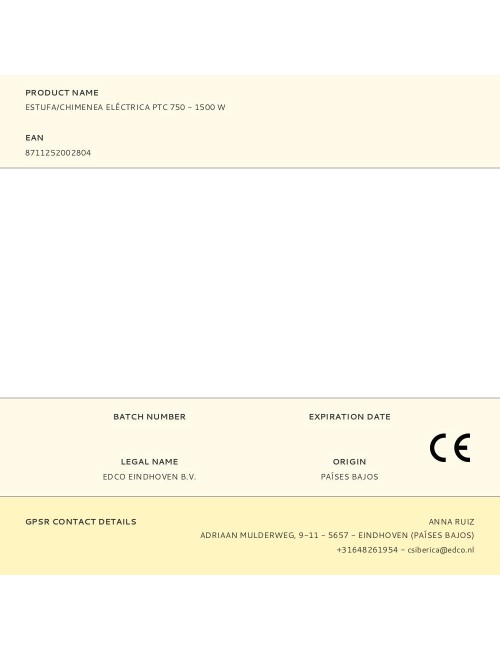 Estufa/chimenea eléctrica ptc 800 - 1500 w