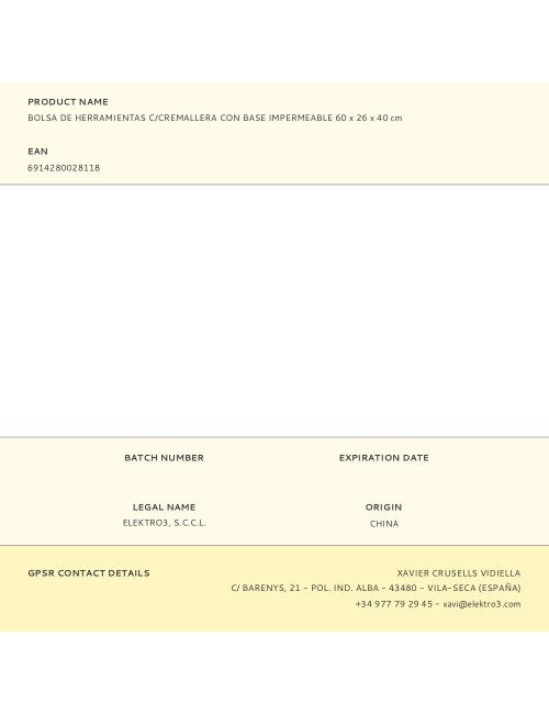 Bolsa de herramientas con cremallera con base impermeable 60 x 26 x 40 cm