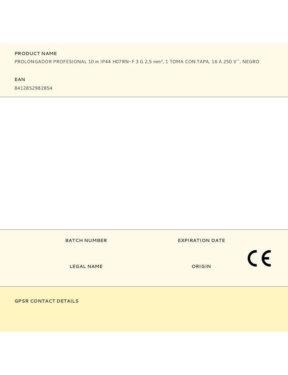 Prolongador profesional 10 m, ip44, h07rn-f 3 g 2,5 mm, 1 toma con tapa, 16 a 250 v~, negro