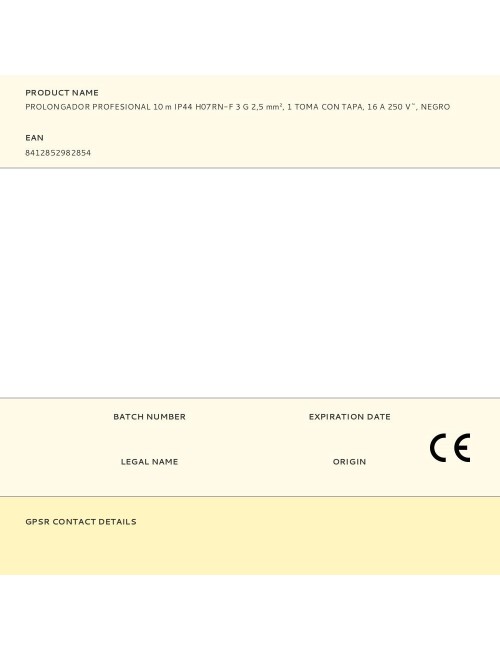 Prolongador profesional 10 m, ip44, h07rn-f 3 g 2,5 mm, 1 toma con tapa, 16 a 250 v~, negro