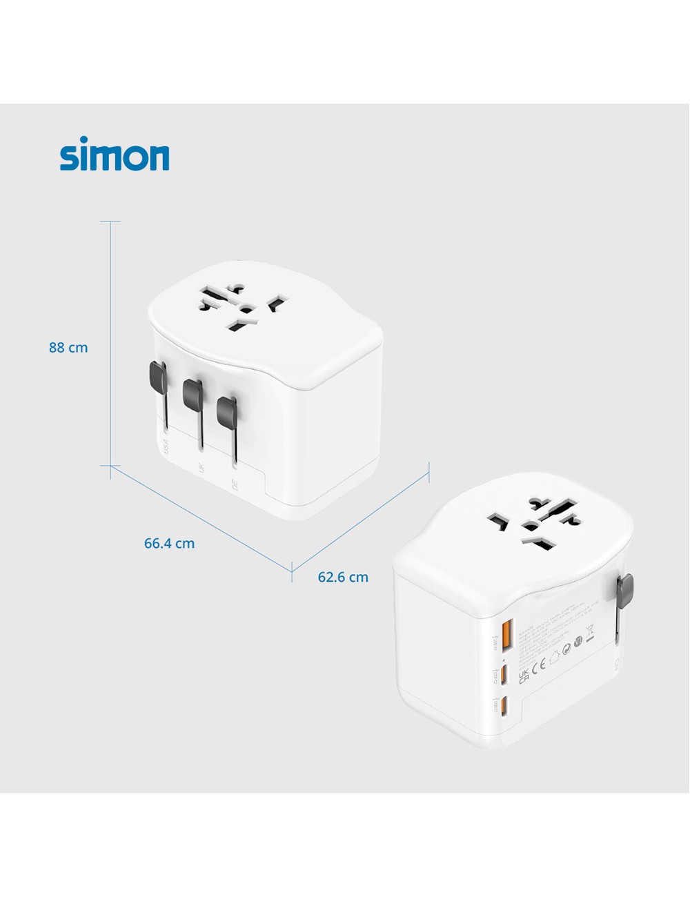 Adaptador viaje universal 3 usb (1a+2c) 20 w