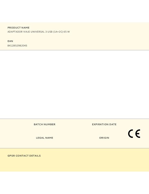 Adaptador viaje universal + 3 usb (1a+2c) 65 w