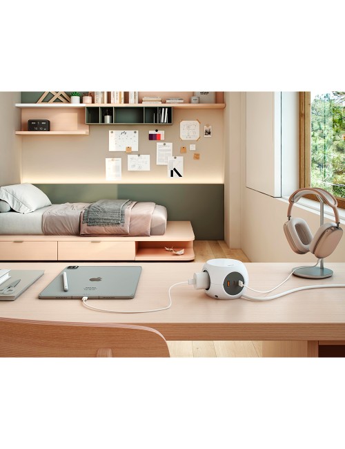 Base múltiple combiball con 3 tomas schuko 16 a + 1 usb a + 2 usb c, 30 w, blanca