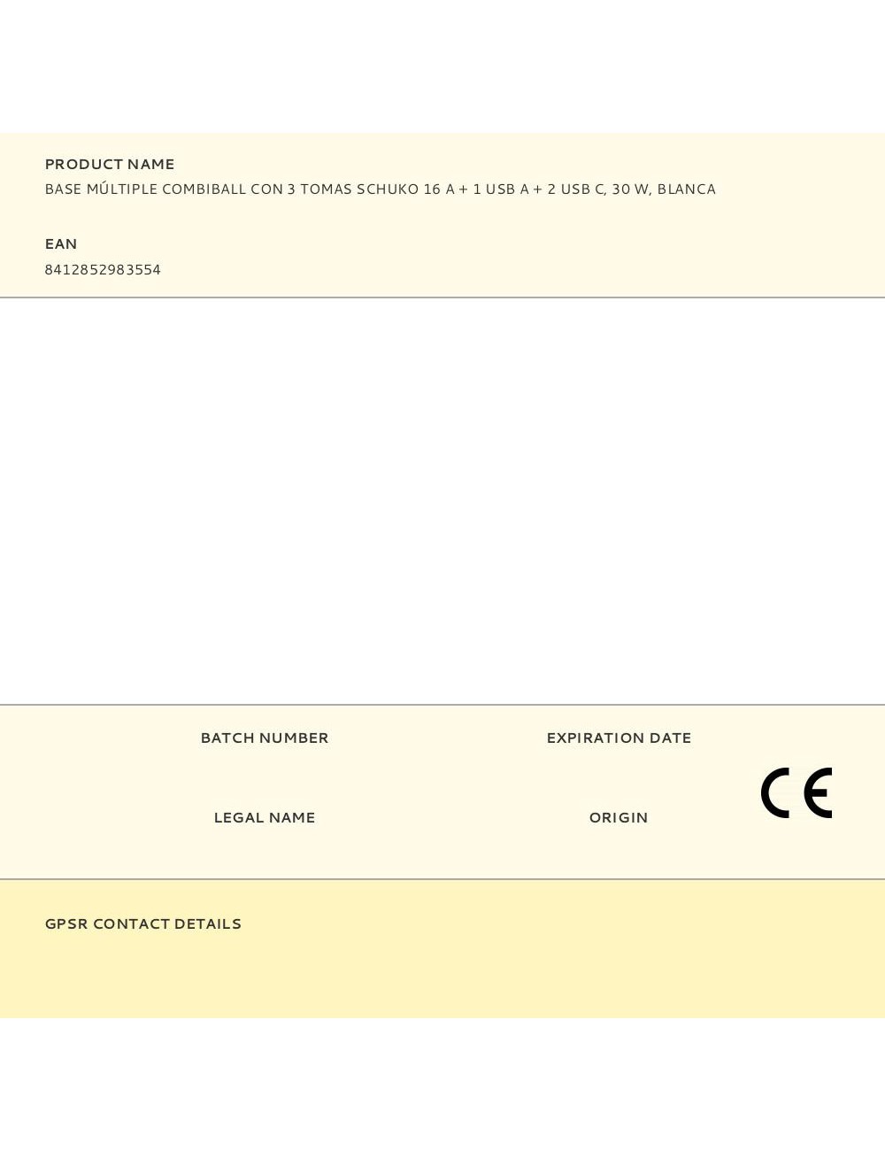 Base múltiple combiball con 3 tomas schuko 16 a + 1 usb a + 2 usb c, 30 w, blanca