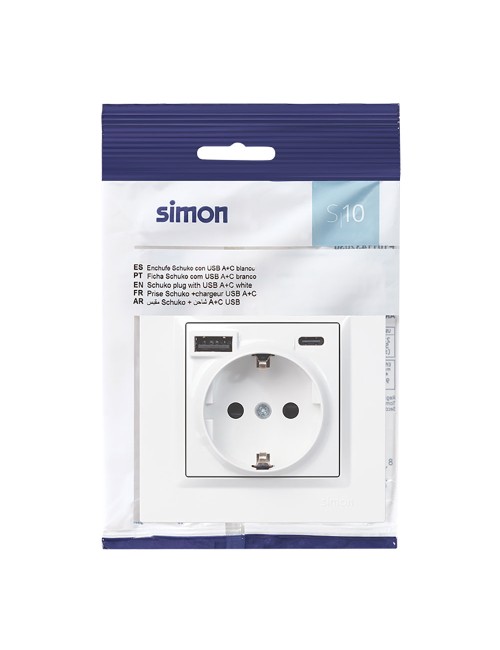 Base enchufe schuko + usb a + c 10,5 w 16 a 250 v~, simon 10, blanco