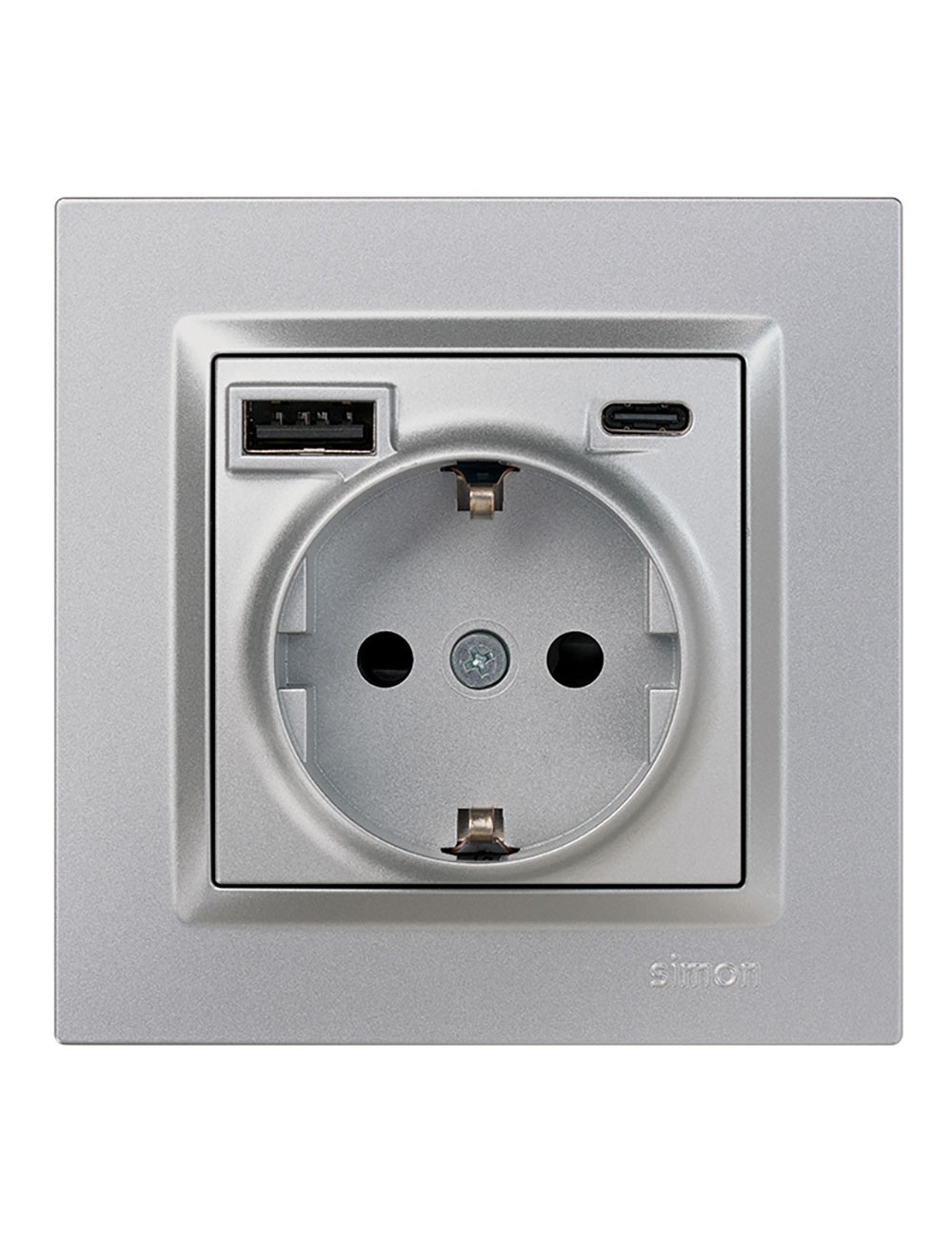Base enchufe schuko + usb a + c 10,5 w 16 a 250 v~, simon 10, aluminio