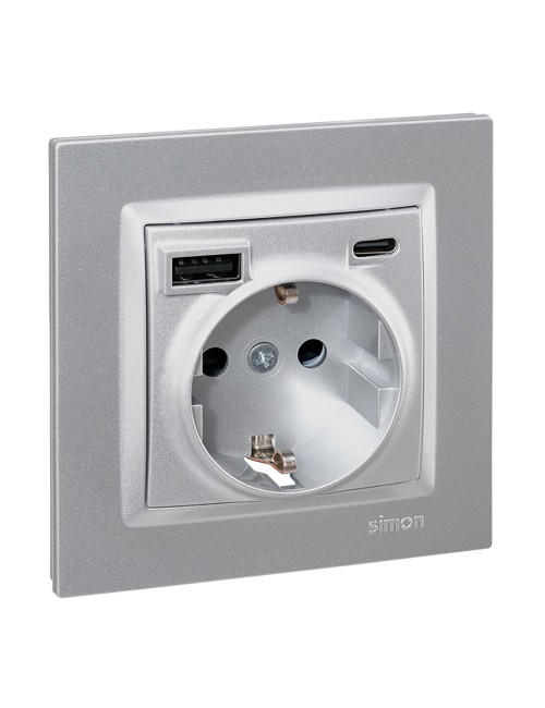 Base enchufe schuko + usb a + c 10,5 w 16 a 250 v~, simon 10, aluminio