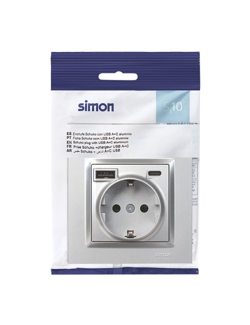 Base enchufe schuko + usb a + c 10,5 w 16 a 250 v~, simon 10, aluminio