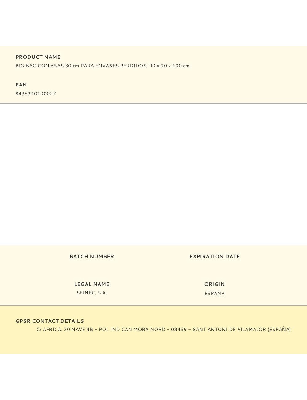 Big bag con asas 30 cm para envases perdidos, 90 x 90 x 100 cm