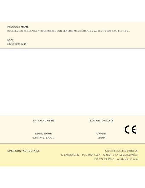 Regleta led regulable y recargable con sensor, magnética, 1,5 w, 3cct, 1500 mah, 14 x 40 x 306 mm