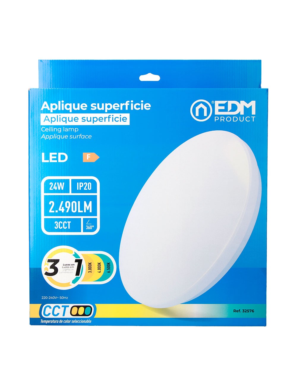Aplique led circular de superficie 24 w 3cct 2490 lm ø38 x 6,6 cm