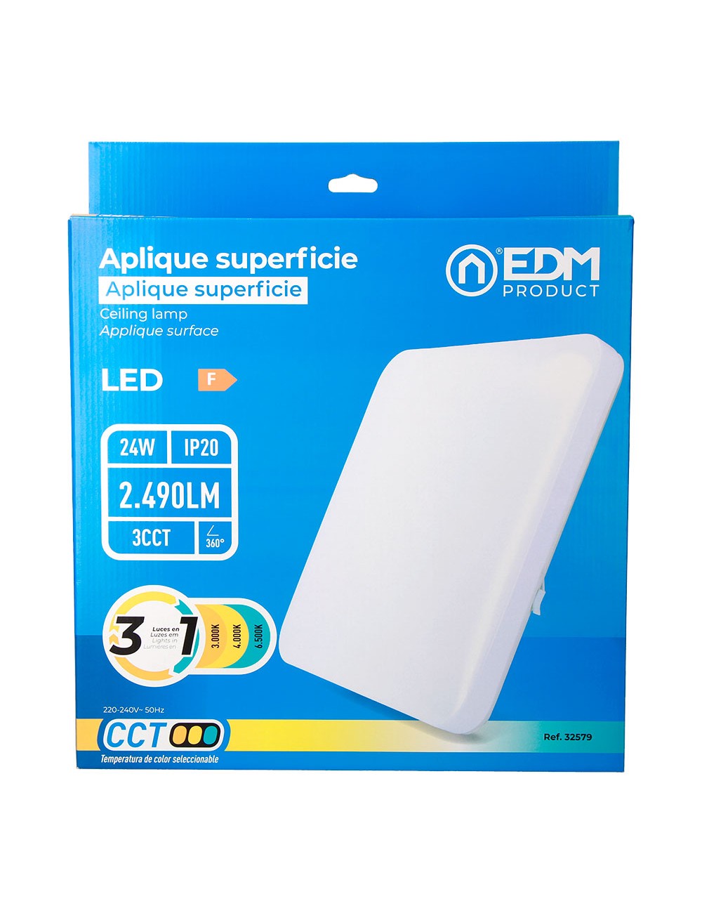 Aplique led cuadrado extraplano de superficie 24 w 3cct 2490 lm 37 x 37 x 6,7 cm