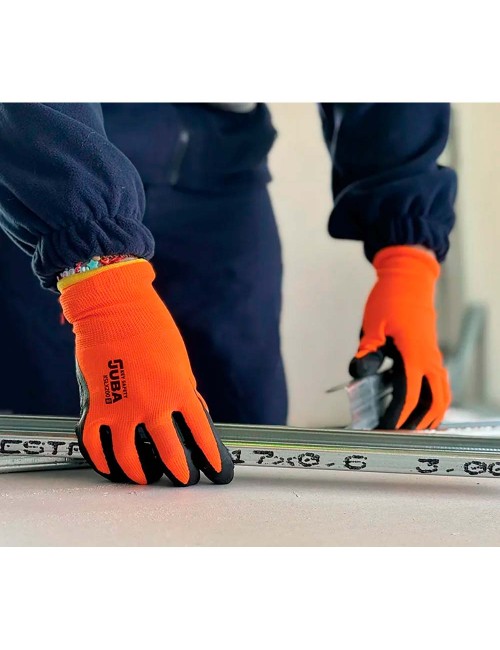 Guante poliéster con palma látex rugoso, keep safe, naranja y negro, t-7 s