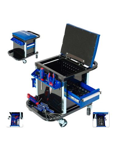 Asiento rodante + herramientas, 136 piezas, (métrico-sae)