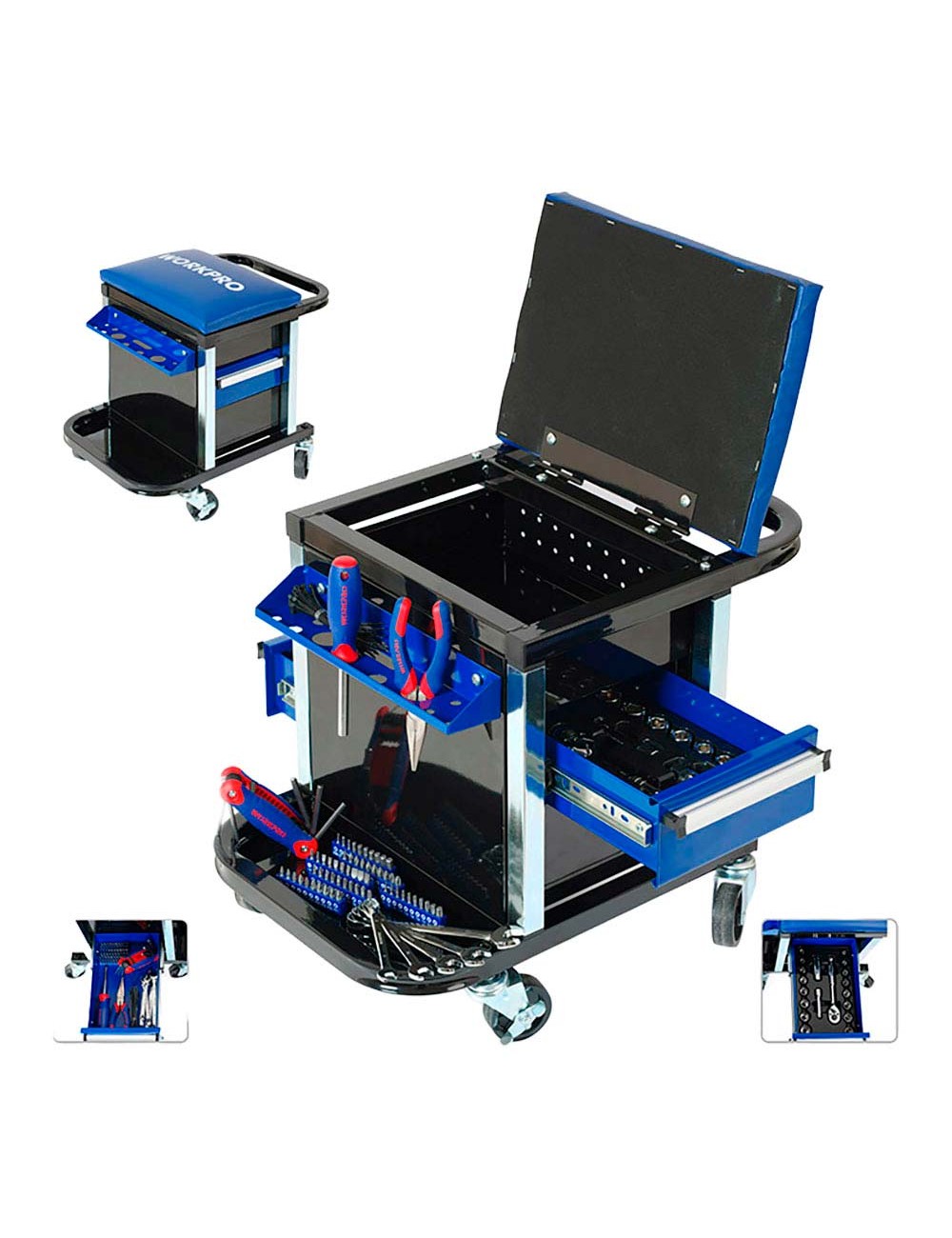 Asiento rodante + herramientas, 136 piezas, (métrico-sae)