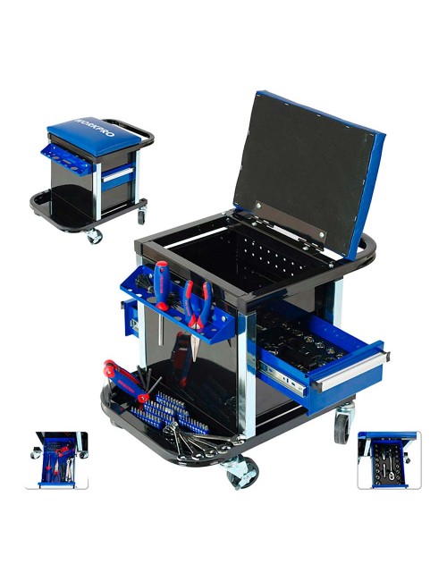 Asiento rodante + herramientas, 136 piezas, (métrico-sae)