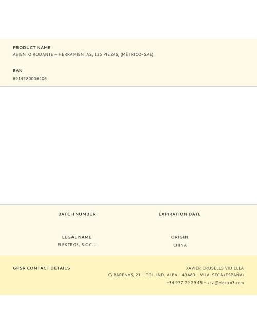 Asiento rodante + herramientas, 136 piezas, (métrico-sae)