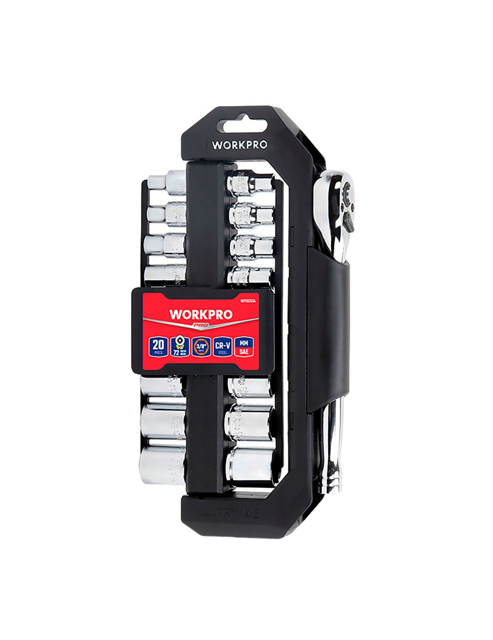 Juego carraca y vasos 3/8 pulg, soporte giratorio, 20 piezas, (métrico-sae)