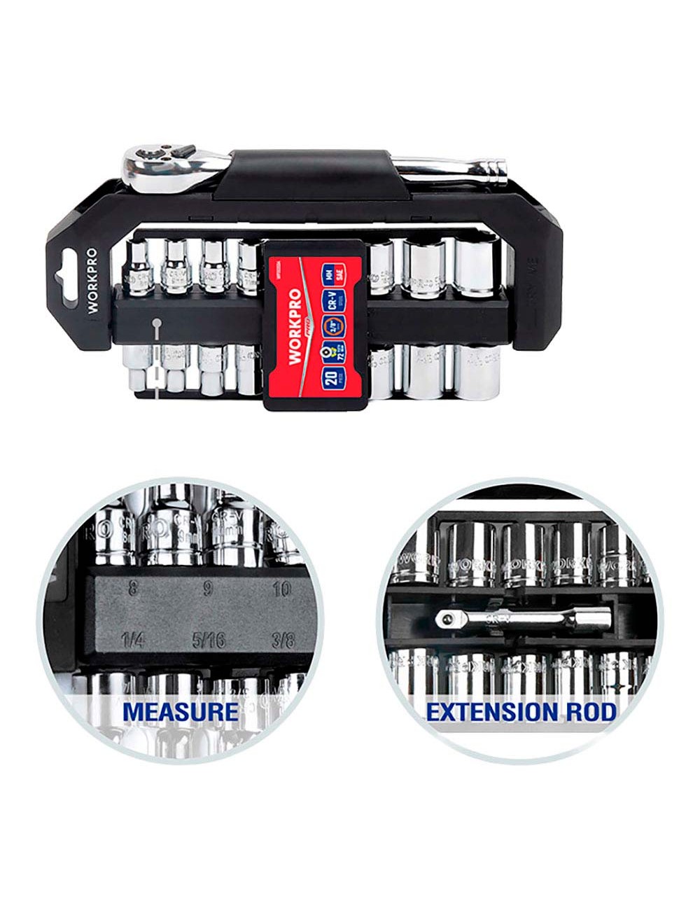 Juego carraca y vasos 3/8 pulg, soporte giratorio, 20 piezas, (métrico-sae)