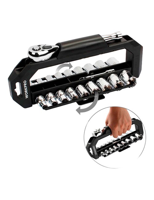 Juego carraca y vasos 3/8 pulg, soporte giratorio, 20 piezas, (métrico-sae)