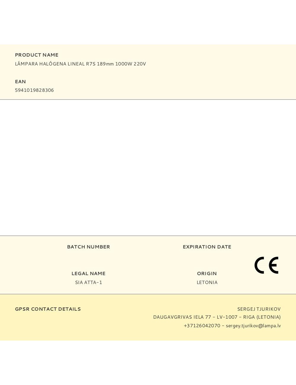 Lámpara halógena lineal r7s, 1000 w, 189 mm