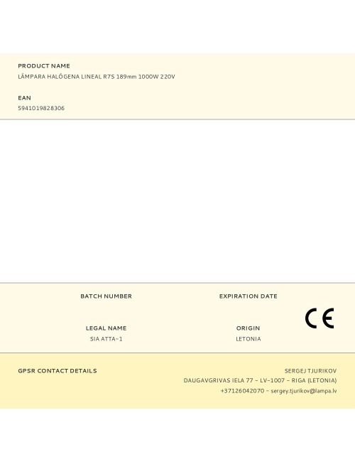 Lámpara halógena lineal r7s, 1000 w, 189 mm