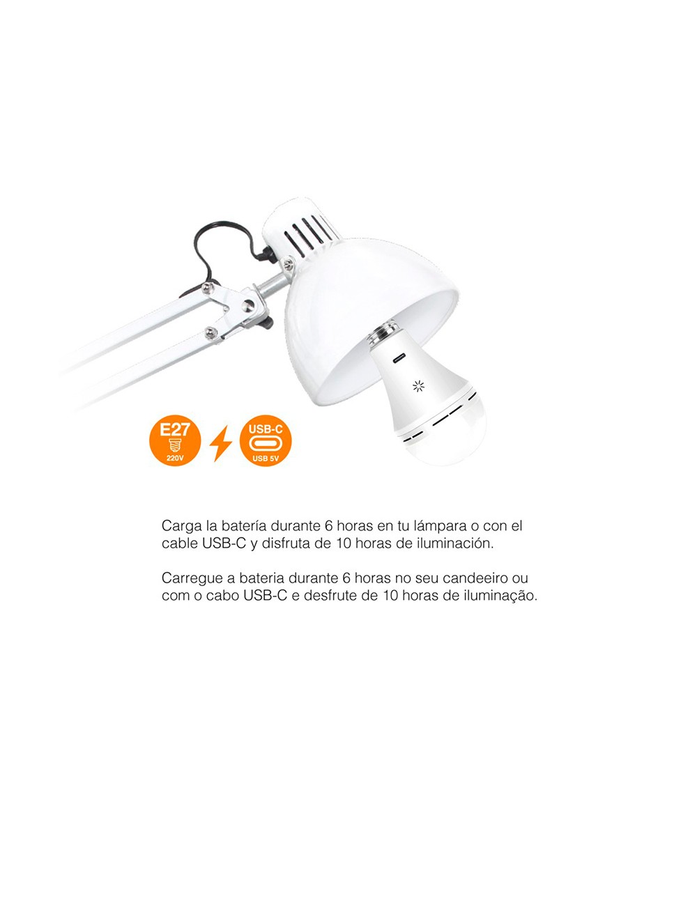Bombilla led, recargable usb, e27, 6 w, 3cct, dimmable, 500 lm
