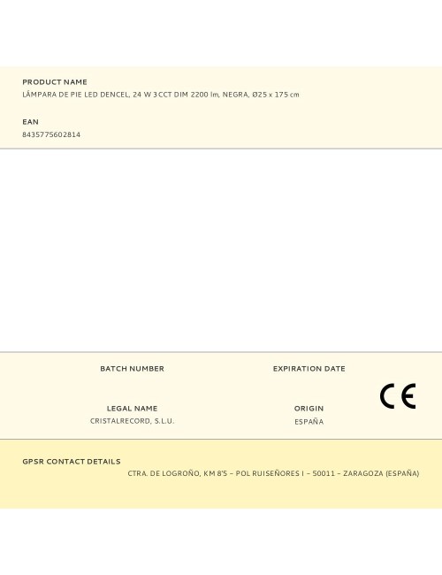 Lámpara de pie led dencel, 24 w, 3cct, dimmable, 2200 lm, negra, ø25 x 175 cm