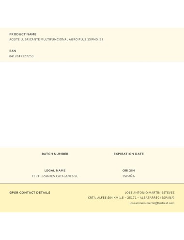 Aceite lubricante multifuncional agro plus 15w40, 5 l