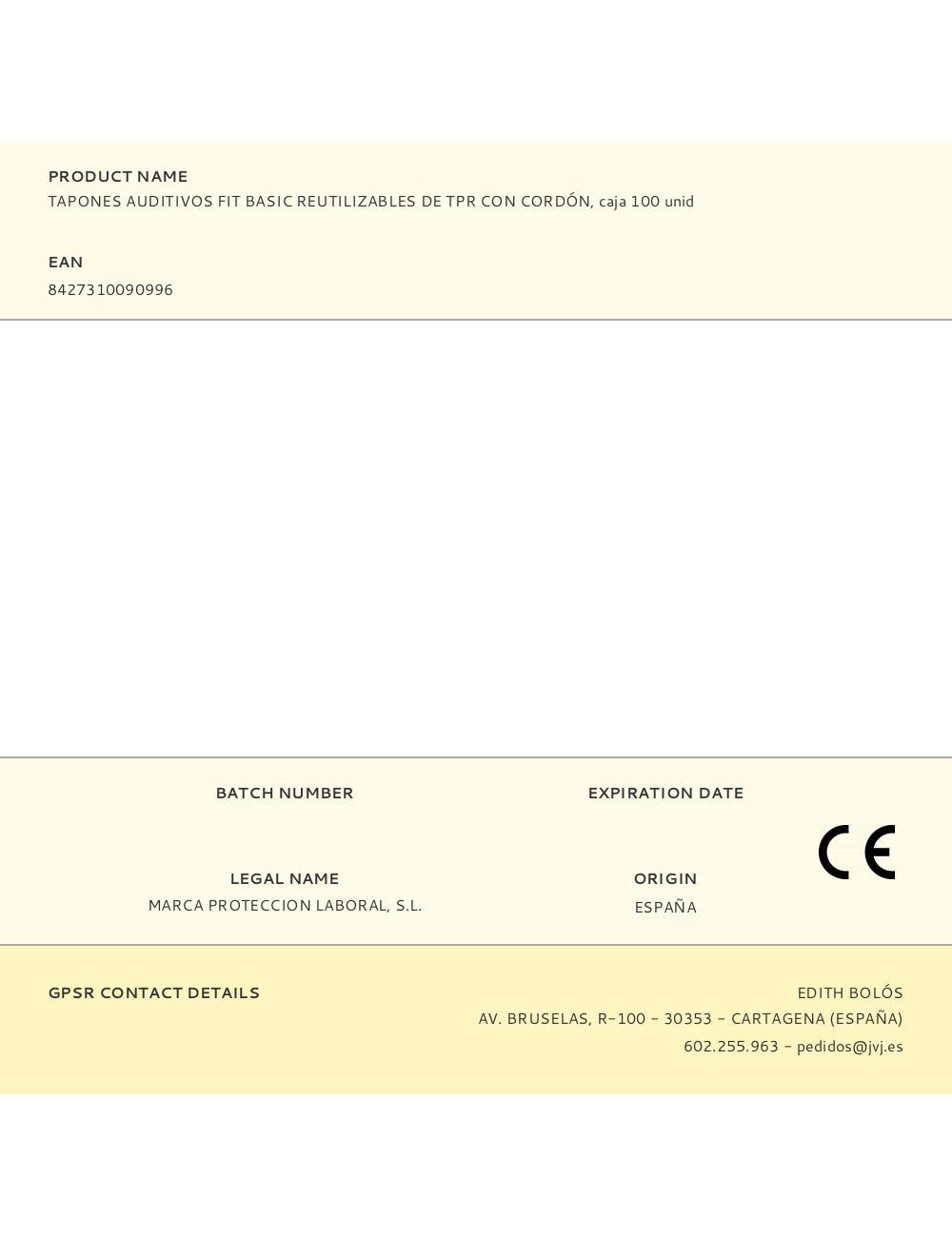 Tapones auditivos fit basic reutilizables de tpr con cordón, caja 100 uds