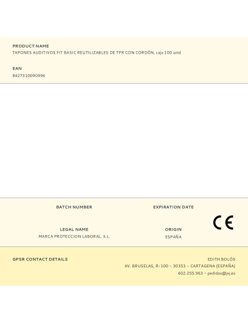 Tapones auditivos fit basic reutilizables de tpr con cordón, caja 100 uds